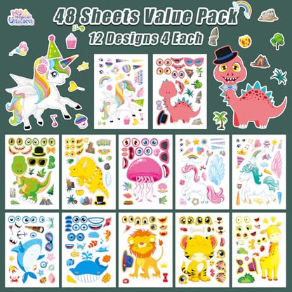 48 Sheets Create Funny Mixed Animals Stickers, Make a Face Stickers for Boys and Girls, Travel Sticker Books, Party Favors, Birthday, Home, School and Activities Gifts for Kids Ages 3+ - style: Mixed Animal