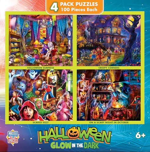 MasterPieces – Jigsaw Puzzle Set for Kids 6+ Years, 4-Pack of 100 Pieces, Educational and Fun Game, Halloween Glow in the Dark Collection, Gift Idea for Children, 8" x 10" - style: Halloween Glow in the Dark