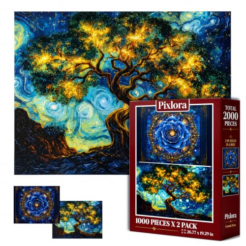 1000 Piece Puzzle for Adults, 2 Pack Botanical and Cosmic Plant Theme, Starry Rose and Tree Design, Challenging Jigsaw Puzzles for Game Night, Ideal for Plant Lovers - style: Astral&Cosmotree