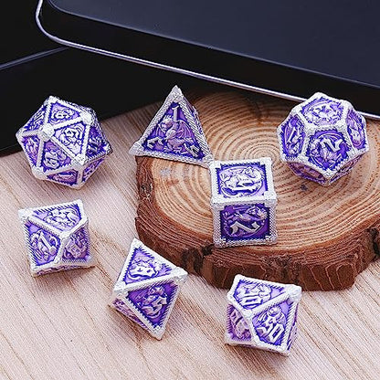 AUSTOR 7-Die Metal DND Dice Set Dungeons and Dragons Polyhedral Roll Playing Dice with Box D20 D12 D10 D% D8 D6 D4 for Pathfinder MTG RPG Board Games - color: Violet With Silver Edge