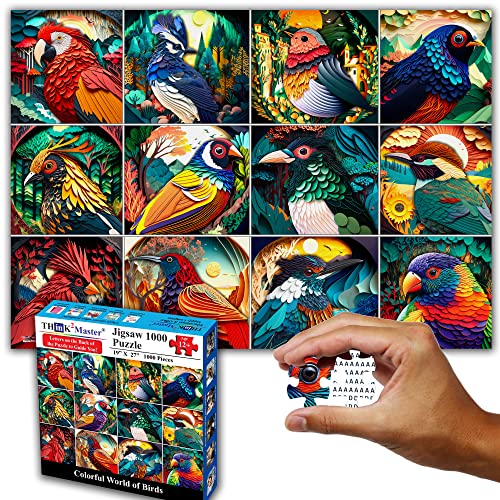 Think2Master Colorful Birds 1000 Pieces Jigsaw Puzzle. Paper Cut Craft Style. Fun for Teens, Seniors & Families. Great Gift for Ages 13+. Size: 26.8” x 18.9” - style: Colorful Birds