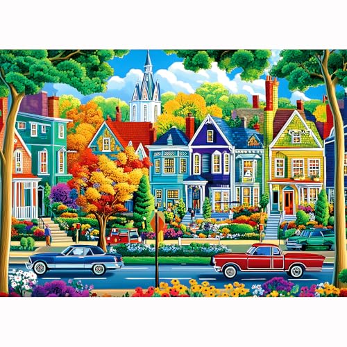 Fall City Landscape Puzzles for Adults 1000 Pieces Funny Colorful Autumn Vibrant Stree Jigsaw Puzzles 1000 Pieces Challenging Family Puzzle with Letters on Back Games Gift for Boys and Girls - color: Fall City, size: (27"X19")