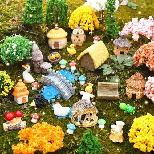 84 Pcs Fairy Garden Accessories, Miniature Village Starter Kit with Moss Model Tree Tiny Resin Animal Figures, DIY Bonsai Micro Landscape Ornament for Terrarium Succulent Dollhouse Craft