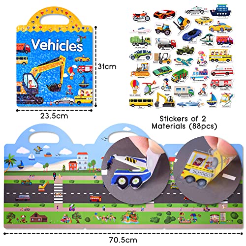 ASTARON 88 Pcs Vehicle Sticker Book for Toddlers, Reusable 3D Sticker Books Road Trip Activities Car Airplane Activities Travel Toys for Kids(2-6 Age) - style: Vehicles