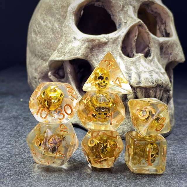 Sage's Portal Familiars and Reagents Resin DND Dice Set Polyhedral Dice Set for Dungeons and Dragons RPG Tabletop TTRPG (Golden Skull) - color: Golden Skull