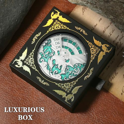 DNDND Dragon Roulette Spinner Metal Dice 7-in-1 Fidget Spinner DND Dice Set with Gorgeous Gift Box for Dungeons and Dragon and Tabletop Game (Silver with Green) - color: Dragon Silver Green