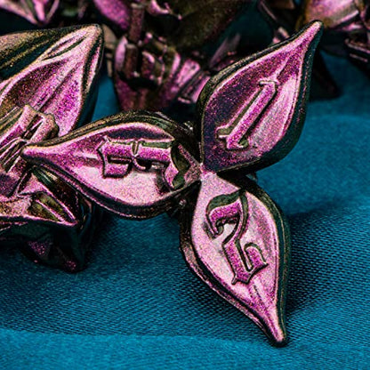 ARUOHHA DND Metal Dice Set Purple Red Leaf Design Polyhedral Dice with Box, 7PCS D and D Dice RPG Role Playing Games D20 D12 D10 D8 D6 - color: Purple Yellow