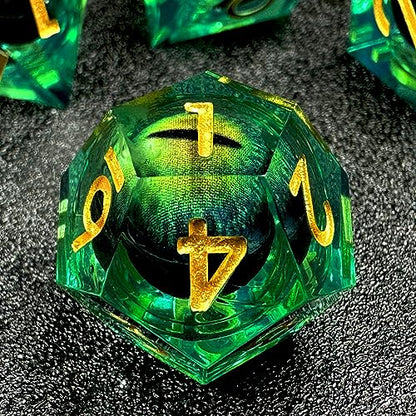 HAOMEJA DND Resin Dice Beholder's Dragon Eye Liquid Core Dice Set with Gift Eye Bag, Sharp Edges Dice Set 7 PCS Apply to Dungeons and Dragons Dice D20 D12 D10 D100 D8 D6 D4 (Eye Green) - color: 7 Eye Green
