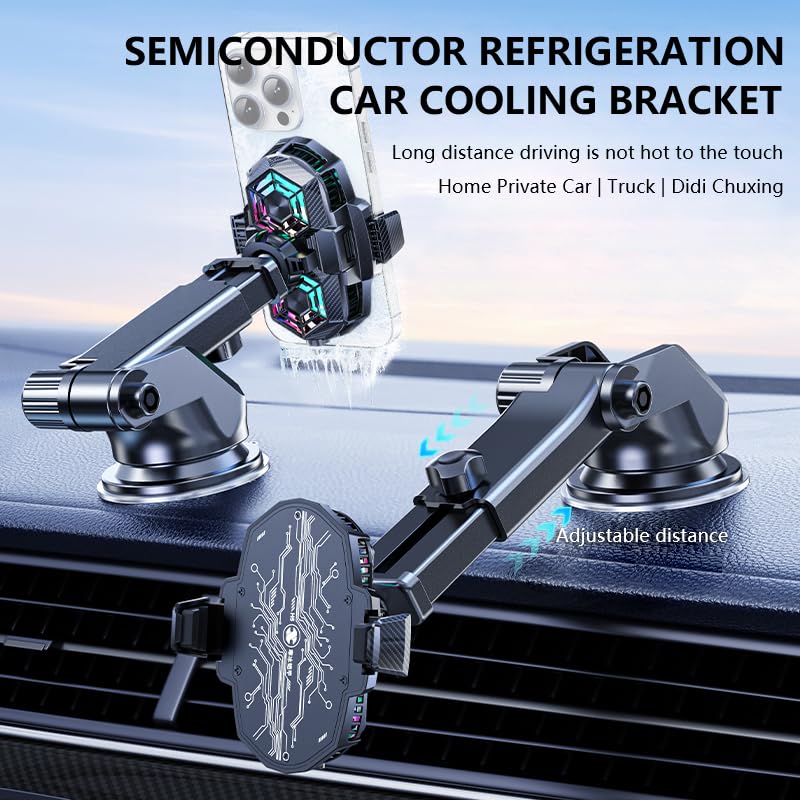 Car Cell Phone Holder Mount with Dual Semiconductor Cooling Fan, Scalable Cell Phone Cooler Car Stand Radiator with Light