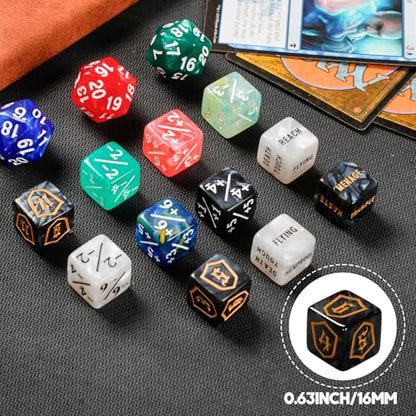 63 PCS MTG Dice Set with Shield Life Counter (1–12), Keyword Ability Counters, +1/-1 Stat Modifier Dice in 6 Colors, D20 & Storage Bag
