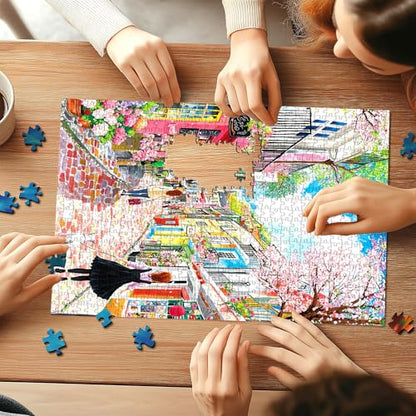 Spring Cherry Blossom Street 500 Piece Jigsaw Puzzles for Adults Colorful European Scene Pink Town Jigsaw Puzzles with Letters on Back for Perfect Family Challenge Game Nights (23"X15") - color: Spring Cherry Blossom