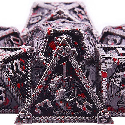 AUSTOR 7-Die Metal DND Dice Set Dungeons and Dragons Polyhedral Roll Playing Dice with Box D20 D12 D10 D% D8 D6 D4 for Pathfinder MTG RPG Board Games - color: Antique Iron With Blood Spattered