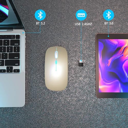 AIKOKOK Wireless Bluetooth Mouse, Rechargeable Dual Mode Mouse, Gold | BT 5.2 & 2.4G USB Receiver, 3 Adjustable DPI,LED Lights,Slim,Silent,Portable Computer Mouse for Laptop,PC,MacBook,iPad,Tablet - color: Gold