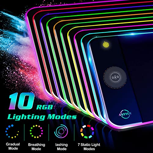 RGB LED Mouse Pad with 15W Wireless Charger Gaming Mouse Pad with 10 Light Modes, Extra Large Mousepad Non-Slip Rubber Base Computer Keyboard Mat for Men