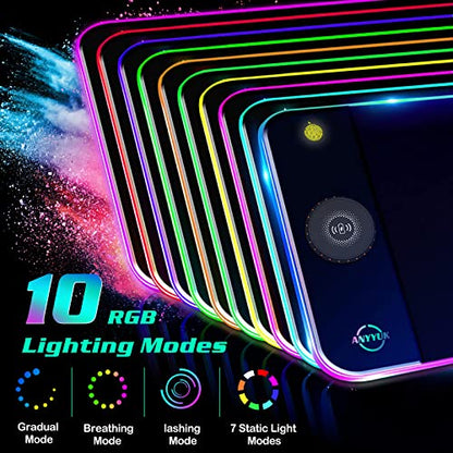 RGB LED Mouse Pad with 15W Wireless Charger Gaming Mouse Pad with 10 Light Modes, Extra Large Mousepad Non-Slip Rubber Base Computer Keyboard Mat for Men