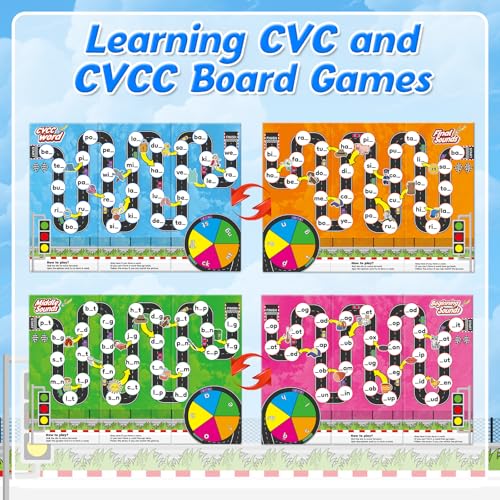 Broytain Phonics Board Games for Kids,Educational Learning CVC and CVCC Board Games for Boys and Girls,Reading and Spelling Word Games Ages 4 5 6,Classroom Travel Indoor Outdoor Family Games