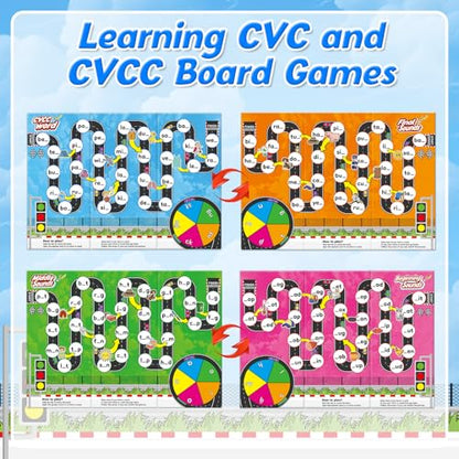 Broytain Phonics Board Games for Kids,Educational Learning CVC and CVCC Board Games for Boys and Girls,Reading and Spelling Word Games Ages 4 5 6,Classroom Travel Indoor Outdoor Family Games