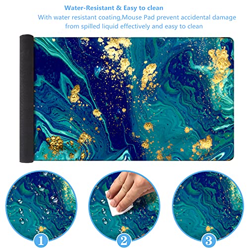 iCasso Extended Gaming Mouse Pad,Desk Pad 35.4x15.7in,Blue Marble | Large Non-Slip Rubber Base Mousepad with Stitched Edges,Waterproof Keyboard Mouse Mat for Work, Office, Home - color: Blue Marble