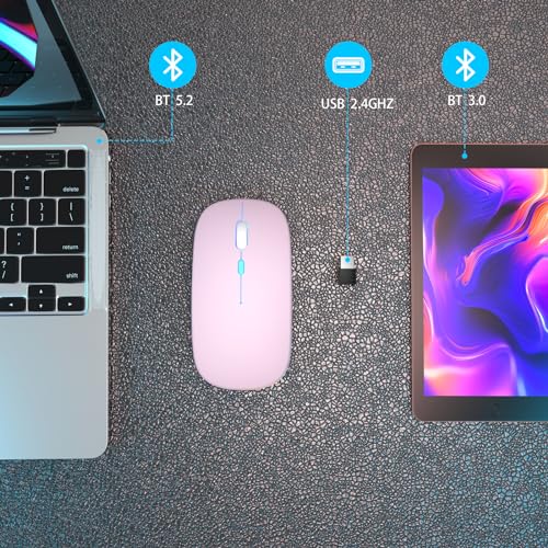AIKOKOK Wireless Bluetooth Mouse, Rechargeable Dual Mode Mouse, Pink | BT 5.2 & 2.4G USB Receiver, 3 Adjustable DPI,LED Lights,Slim,Silent,Portable Computer Mouse for Laptop,PC,MacBook,iPad,Tablet - color: Pink