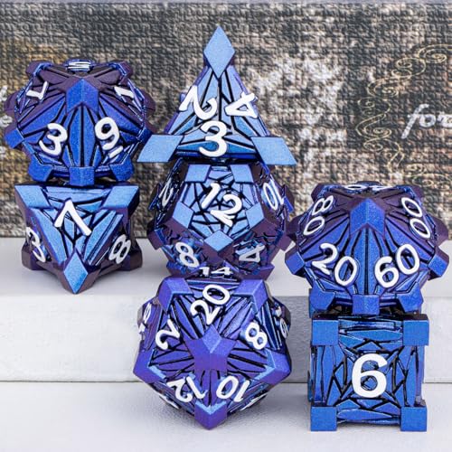 7PCS Metal DND Dice Set with Box, Debris RPG Blue White D and D Dice for D&D Tabletop Games Role Playing Game Polyhedral Dice Set D20 D12 D10 D8 D6 D4 - color: Blue White
