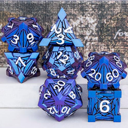 7PCS Metal DND Dice Set with Box, Debris RPG Blue White D and D Dice for D&D Tabletop Games Role Playing Game Polyhedral Dice Set D20 D12 D10 D8 D6 D4 - color: Blue White