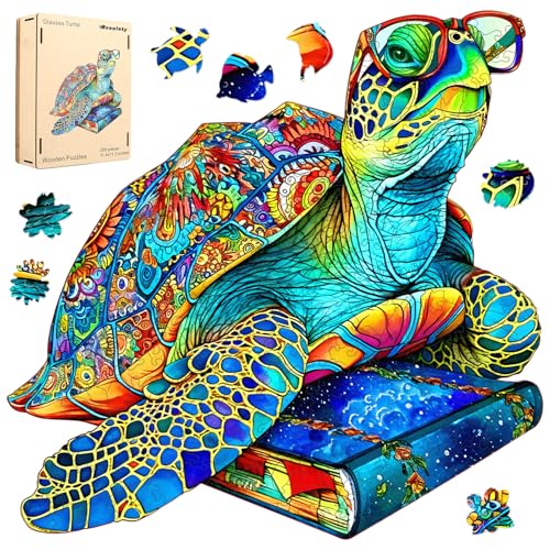 Reouinty Wooden Puzzles, Sea Turtle Book Jigsaw Puzzles 200 Pieces, Wall Decor, Unique Animal Shape Puzzles Pieces, Wood Ocean Puzzles Best Gift for Family Game 11.4x11.3 in - color: Glasses Turtle, size: 200pcs