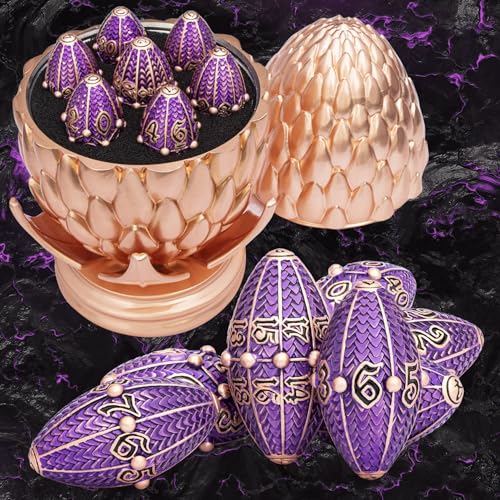 ARUOHHA DND Metal Dice Copper Purple Dragon Egg Dice with Rotating Dragon Egg Shell, Role Playing Game RPG Polyhedral D and D Dice Set D20 D12 D10 D8 D6 D4 - color: Copper Purple