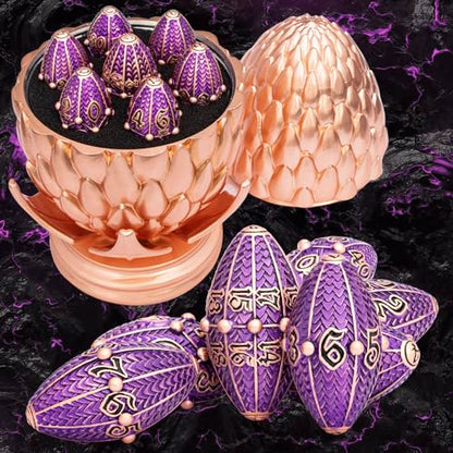 ARUOHHA DND Metal Dice Copper Purple Dragon Egg Dice with Rotating Dragon Egg Shell, Role Playing Game RPG Polyhedral D and D Dice Set D20 D12 D10 D8 D6 D4 - color: Copper Purple