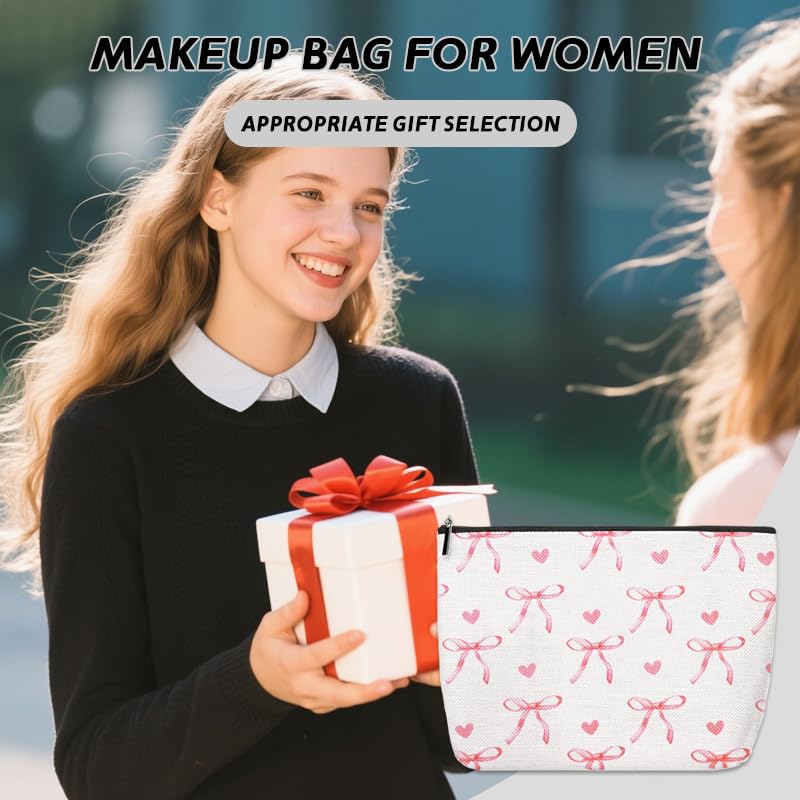 Coquette Preppy Aesthetic Makeup Bag Pink Bow Heart Travel Cosmetic Bag for Women Girl Coquette Pencil Pouch Cute Travel Skincare Bags Organizer Trendy Preppy Stuff Christmas Birthday Gifts - color: Bow Heart