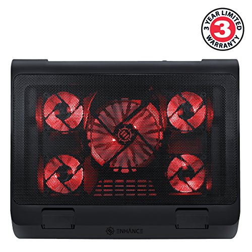 ENHANCE Gaming Laptop Cooling Pad Stand with LED Cooler Fans , Adjustable Height , & Dual USB Port for 17 inch Laptops - 5 Ultra Quiet High Performance Fans 2630 RPM & Built-In Bumpers - Red - color: Red