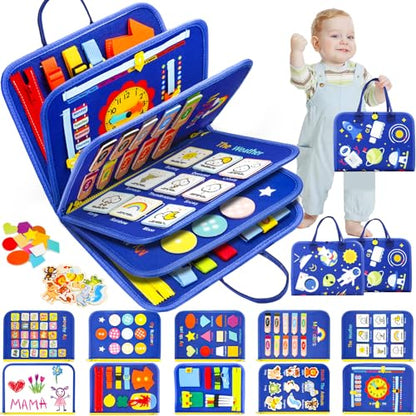 Toddler Busy Board, Montessori Toys for Boys, Sensory Board Birthday Gifts - Educational Busy Book, Learning toys for Toddlers, Preschool Learning Activities and Travel Toys for Airplane Car, Blue - size: Space - Blue