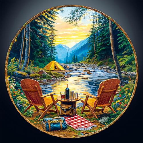 1000 Piece Round Jigsaw Puzzle for Adults, Scenic Mountain Camping Wilderness Landscape Art, Challenging Brain Teaser & Wall Decor Mental Stress Relief Gift for Nature Lovers (26.6 inch) - color: C-mountain Camping