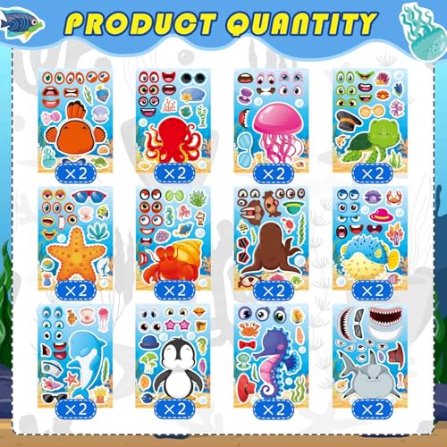 Ocean Animal Stickers, Make Your Own Sea Animal Stickers | 24 Sheets Make a Face Sticker, for Kids Activities Supplies Crafts, Ocean Sea Party Favors - style: Ocean Animal