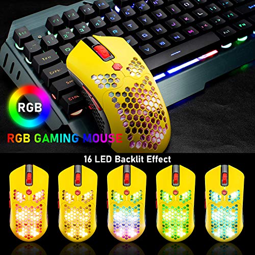 Wireless Gaming Mouse,16 RGB Backlit Ultralight Wireless/Wired Mice with Programmable Driver,Rechargeable 800mA Battery,Pixart 3325 12000 DPI,Lightweight Honeycomb Shell for PC Gamers (Yellow) - color: RGB Yellow