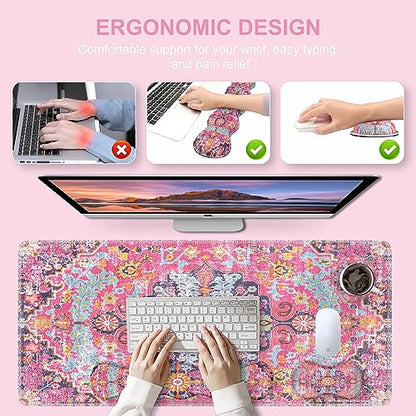 iLeadon Desk Mat Set,Boho Retro Art Mouse Pad with Wrist Rest | Mouse Pad Wrist Rest and Keyboard Wrist Rest Set,Large Mouse Pad,Coaster, 4in1 Rug Large Gaming Mouse Pad Set for Home Office - color: Boho Retro Art