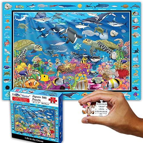 Think2Master Colorful Ocean Life 500 Pieces with Large Pieces Jigsaw Puzzle for 13+, Seniors, Adults & Families. Great Gift for stimulating Learning About Coral Reefs. Size: 26.8” X 18.9” - style: Life in the Ocean