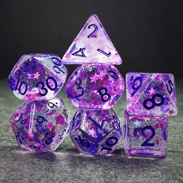 Sage’s Portal Cantrips DND Dice Set - Round Edge Resin 7-PC Polyhedral DND Dice Set for Dungeons and Dragons D&D RPG Tabletop TTRPG (Purple Stars) - color: Purple Stars