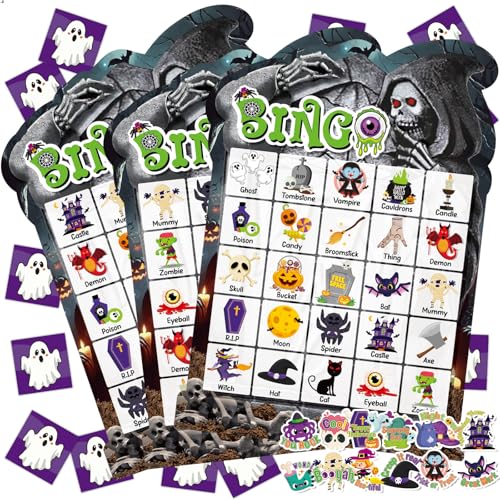 39 Pcs Halloween Party Bingo Game for Adults Kids 24 Players Tomb Shaped Bingo Game Card with Rewards Stickers for Families Friends Students Large Group Gathering Activities Boo Spooky Party Favors - style: Halloween Tomb