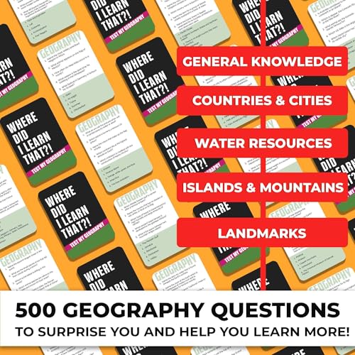 Trivia Card Games for Adults — Family Board Games for Teens and Adults | 500 Geography Questions Trivia Cards with Answers – Fun Party Game for Family Game Night - color: 5. Geography