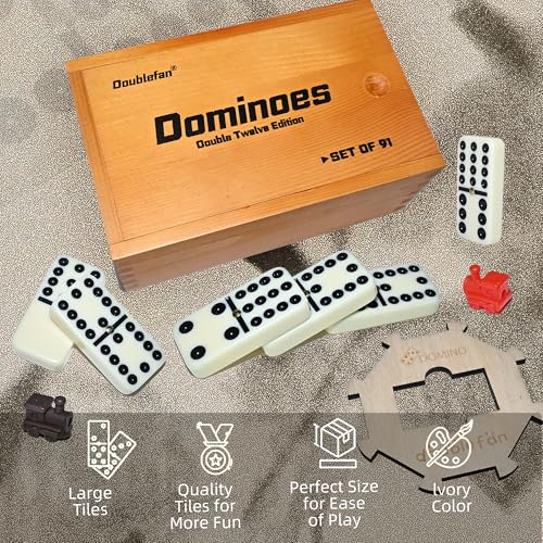 Doublefan Double 12 Dominoes for Adults, 91 Tiles with Prime Wood Case | For 2-8 players,91 Ivory Domino tiles, Metal spinners, portable wood case, family game, board game, Parent Gift choice - style: Double Twelve