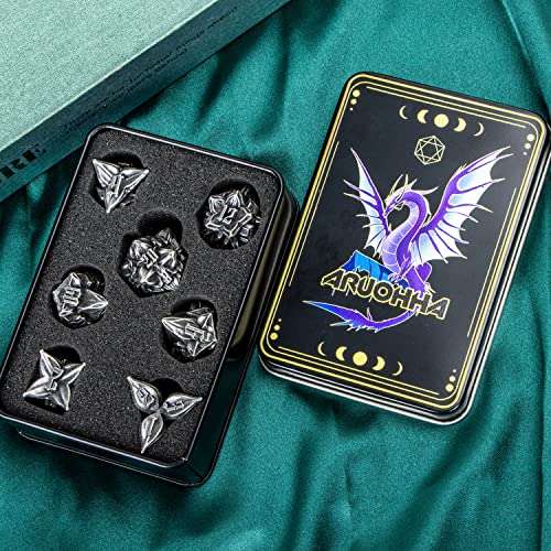 ARUOHHA DND Metal Dice Set Leaf Design Polyhedral Dice with Box, 7PCS D and D Dice RPG Role Playing Games D20 D12 D10 D8 D6 - color: Cobalt Nickel
