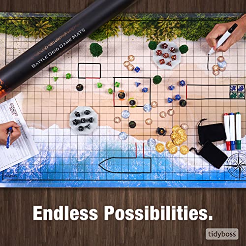 Tidyboss d&d Starter Set | 2 X Double Sides 4 Terrains 24x 36 Game Grid Mat | DND Accessories Includes Dry Erase Markers, Eraser and Clips - color: 2-pack