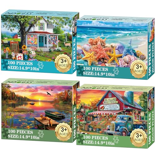 4-Pack 100 Piece Puzzles for Kids Ages 6-8 8-10 - Large Piece Puzzles for Dementia Seniors - Farm Countryside Jigsaw Puzzles for Adults & Kids Ages 4-6, Learning Educational Toys Gifts for Boys Girls - color: Farm Countryside