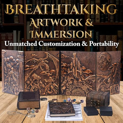 DM Screen for DND with 4 Wider Panels - Stunning Panoramic Battle Scene | 3D Embossed Faux Leather, Clear Pockets, Fits US Letter 8.5 x 11, For Dungeon Masters, Game Masters, Gift for DnD, RPG