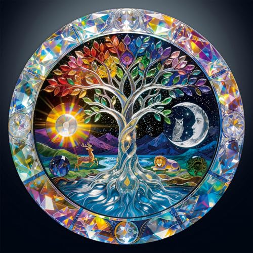 1000 Piece Round Jigsaw Puzzle for Adults, Crystal Tree of Life with Moon & Sun, Vibrant Stained Glass Art Style, Challenging Brain Teaser & Wall Decor Mental Stress Relief Gift (26.6 inch) - color: J-moon & Sun