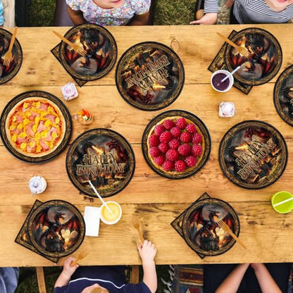 96 Pcs Dragon Themed Birthday Party Decorations, Serves 24 | Medieval Fire Dragon Castle Plates and Napkins Fantasy Knight Theme Tableware Set for Boys Man Girls Party Supplies - style: Treasure Western Dragon Plates m