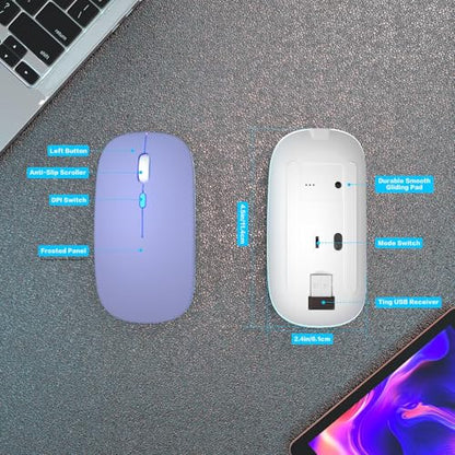 AIKOKOK Wireless Bluetooth Mouse, Rechargeable Dual Mode Mouse, Purple | BT 5.2 & 2.4G USB Receiver, 3 Adjustable DPI,LED Lights,Slim,Silent,Portable Computer Mouse for Laptop,PC,MacBook,iPad,Tablet - color: Purple