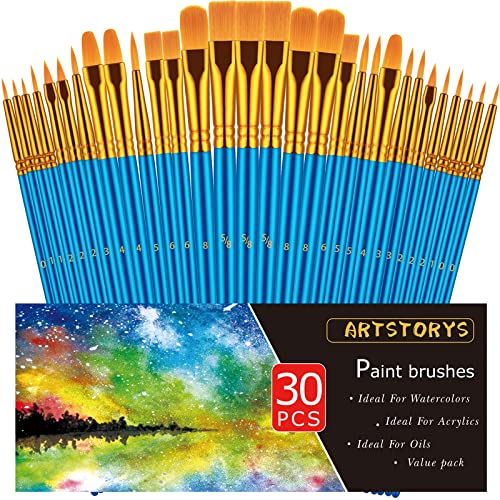 Paint Brushes Set, 30 Pcs Paint Brushes for Acrylic Painting, Oil Watercolor Acrylic Paint Brush, Artist Paintbrushes for Body Face Rock Canvas, Adult Drawing Arts Crafts Supplies, Blue - color: Blue,nickel