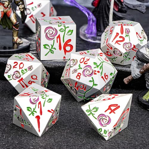Gothic DND Dice Set Bleeding Rose Metal D and D Dice for use with Dungeons Dragons D&D Role Playing Game, Purple Red RPG Polyhedral Dice Set D20 D12 D10 D8 D6 D4 - color: Purple Red&silver&red Numbers