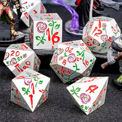 Gothic DND Dice Set Bleeding Rose Metal D and D Dice for use with Dungeons Dragons D&D Role Playing Game, Purple Red RPG Polyhedral Dice Set D20 D12 D10 D8 D6 D4 - color: Purple Red&silver&red Numbers